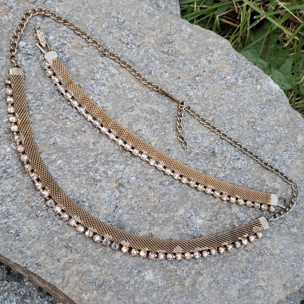 Vtg Golden Mesh AB Rhinestone Necklace Bracelet